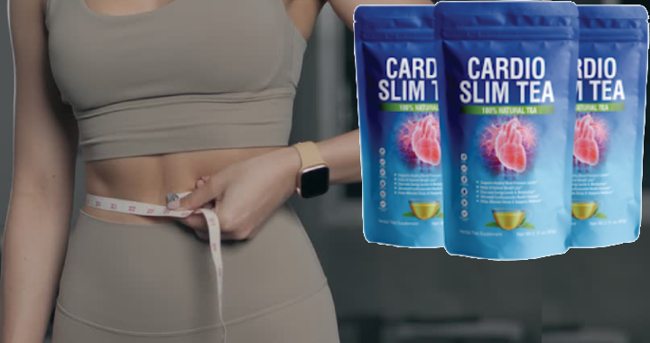 Woman measuring a slim waist next to Cardio Slim Tea product packs